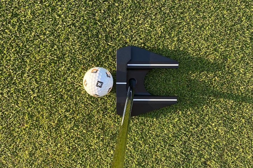 The Odyssey Ai-One Square 2 Square #7 putter shaft enters at the centre of the putter head